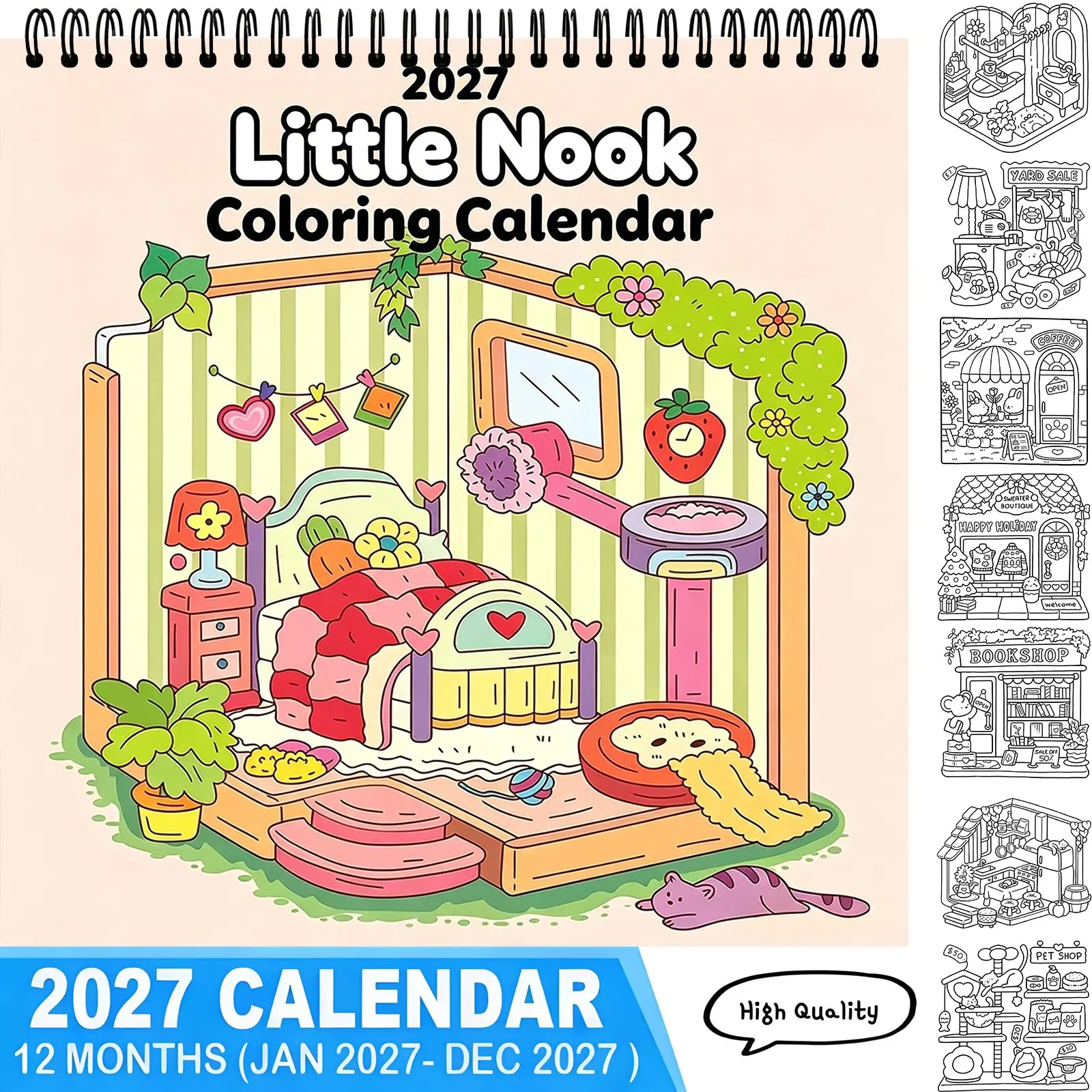 2027 Little Nook Coloring Calendar 12 Months Jan-Dec Spiral Binding High Quality Cozy Tiny Home Shop Scene Themed Coloring Planner Stress Relief Aesthetic Home Decor Gift For Cottagecore Lovers,coloring calendar,kids calendar,new year calendar