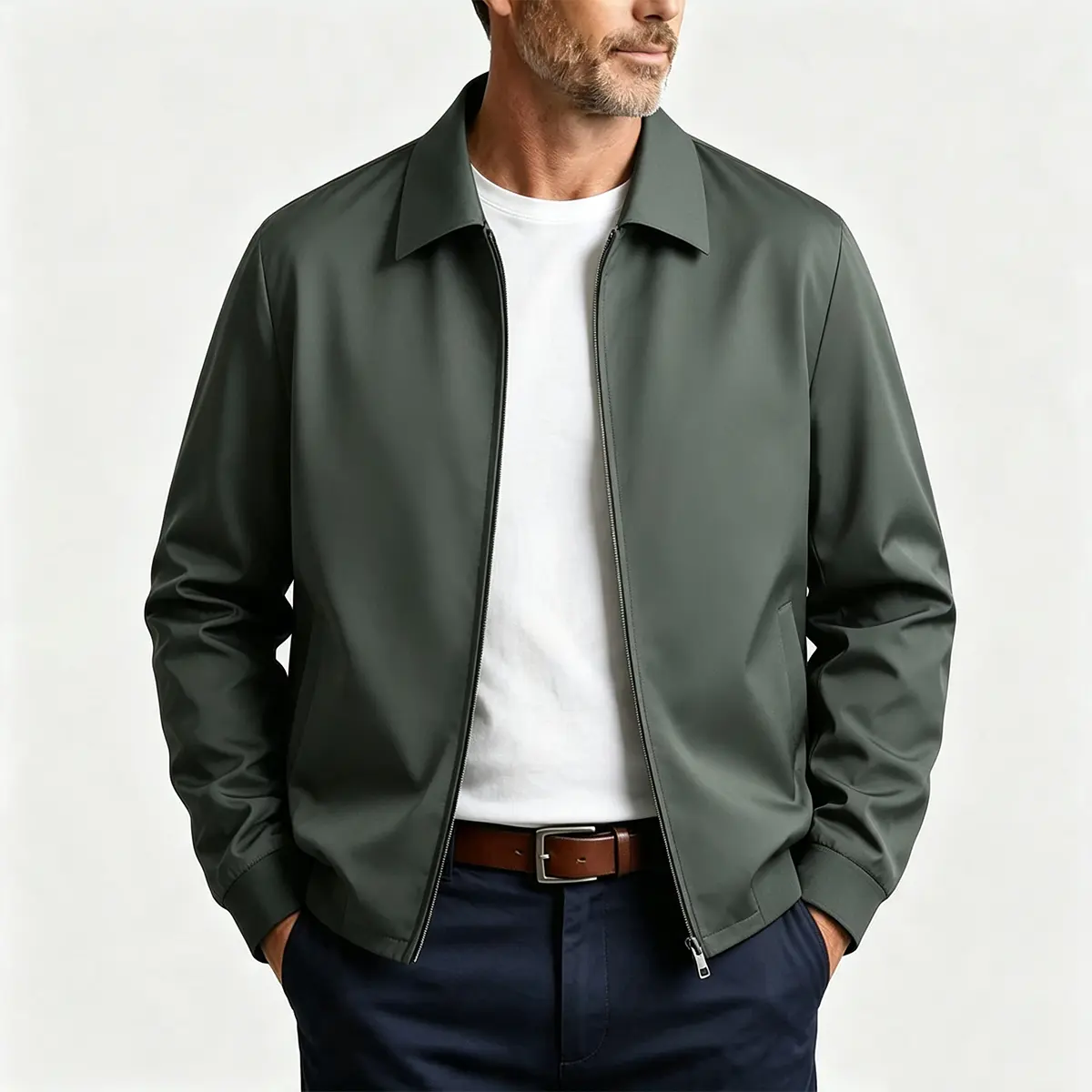Men's Classic Lapel Collar Zip Up Harrington Jacket, Elastic Cuff Lightweight Wind Resistant Outerwear, Business Casual Long Sleeve Jacket for Daily Work & Streetwear