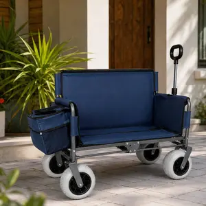 Heavy-Duty Folding Wagon with Bench Seat, 500 lb Capacity, Sturdy Carbon Steel Frame with 9" All-Terrain Wheels for Beach & Outdoors, 180L, Dark Blue