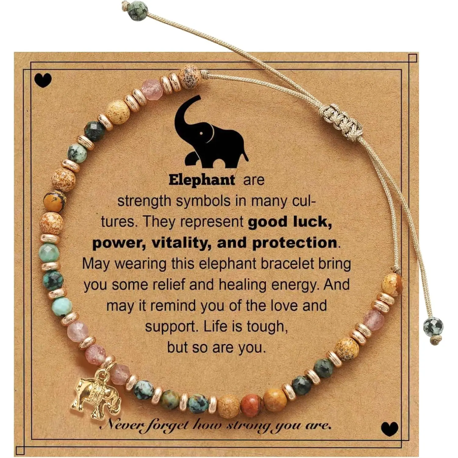 Elephant Gifts for Women,  Stone Beaded Bracelet, Inspirational  | Adjustable Slide Cord, 18K  Plated Stainless Steel Elephant , Colorful  Beads, Symbol of Strength &  Luck