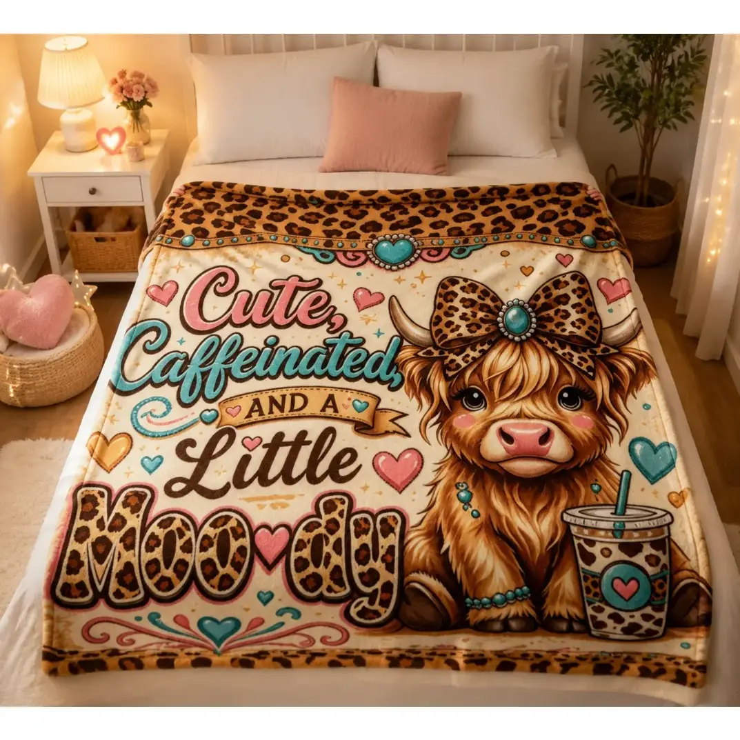 Vintage Leopard Print Cute Highland Cow Flannel Throw Blanket, Cute Caffeinated And A Little Moody Funny Slogan Coffee Cow Graphic Soft Warm Cozy Fleece Blanket, Multi-Purpose Sofa Bed Office Nap Camping Travel Blanket, Western Farmhouse Aesthetic Home De