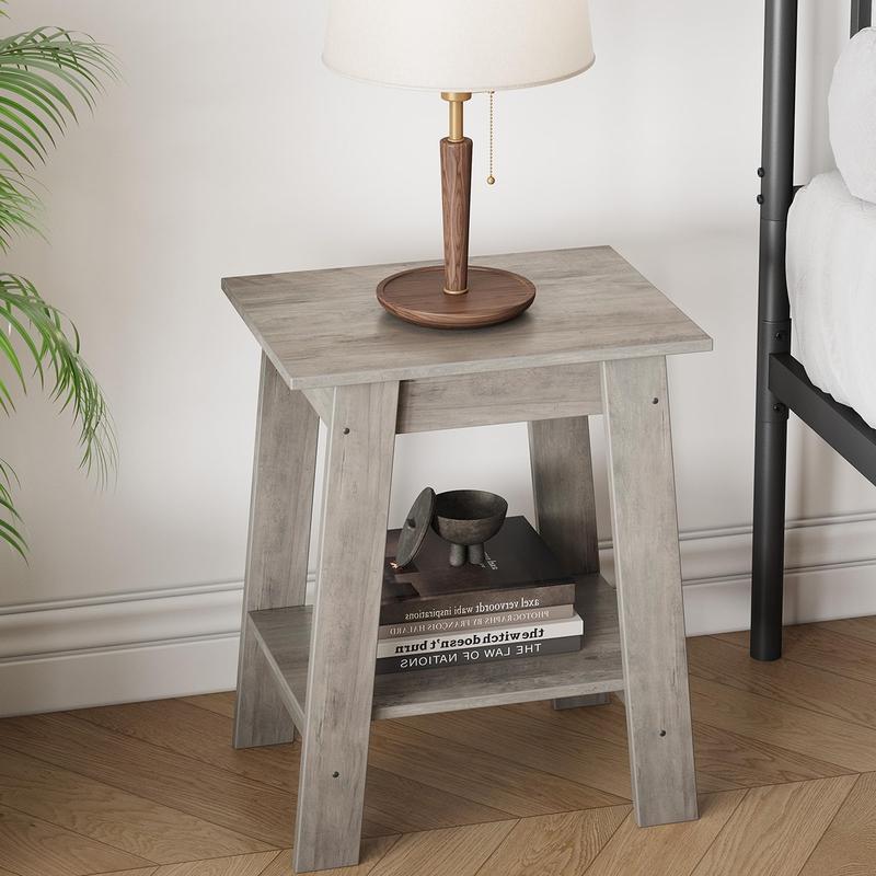 Farmhouse Rustic End Table with Storage Shelf, 2-Tier Narrow Accent Table for Living Room & Bedroom