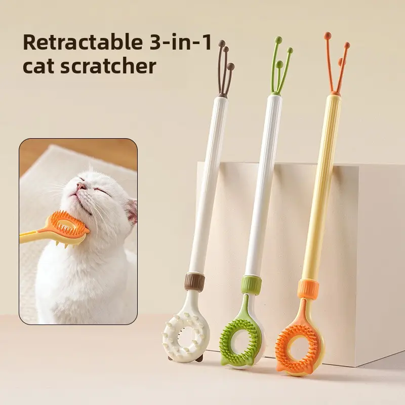 This 3-in-1 telescopic grooming tool for cats includes a facial massage and anti-itch stick, an interactive cat toy, and a gentle pet hair removal brush, suitable for indoor cats.