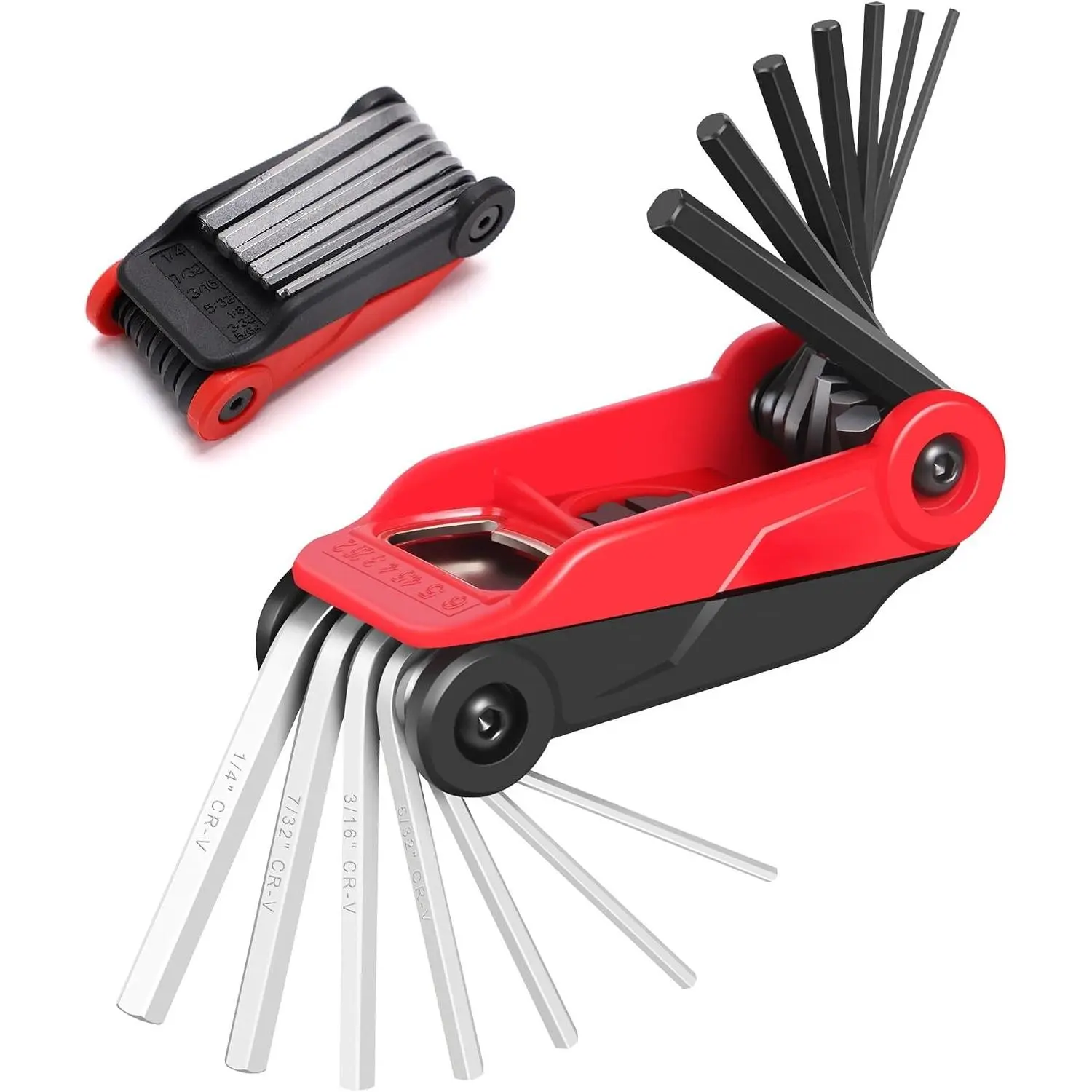 14-piece folding hex key set, including metric and imperial hex keys.Metric sizes: 2mm, 2.5mm, 3mm, 4mm, 4.5mm, 5mm, 6mm.SAE 5/ 64inch ,3/ 32inch ,1/ 8inch ,5/ 32inch ,3/ 16inch ,7/ 32inch ,1/ 4inch