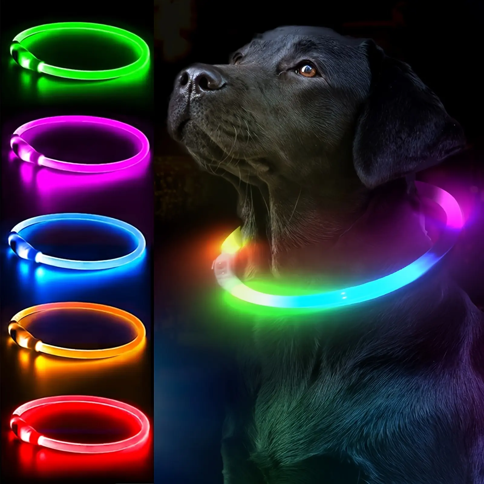 Adjustable USB Rechargeable LED Fiber Optic Dog Collar - ABS Material, Heart-Shaped LED Lights, Multi-Colors, Small/Medium/Large Sizes, Night Visibility Safety Glow Accessory for Halloween Pups, Adjustable Collars, Collars