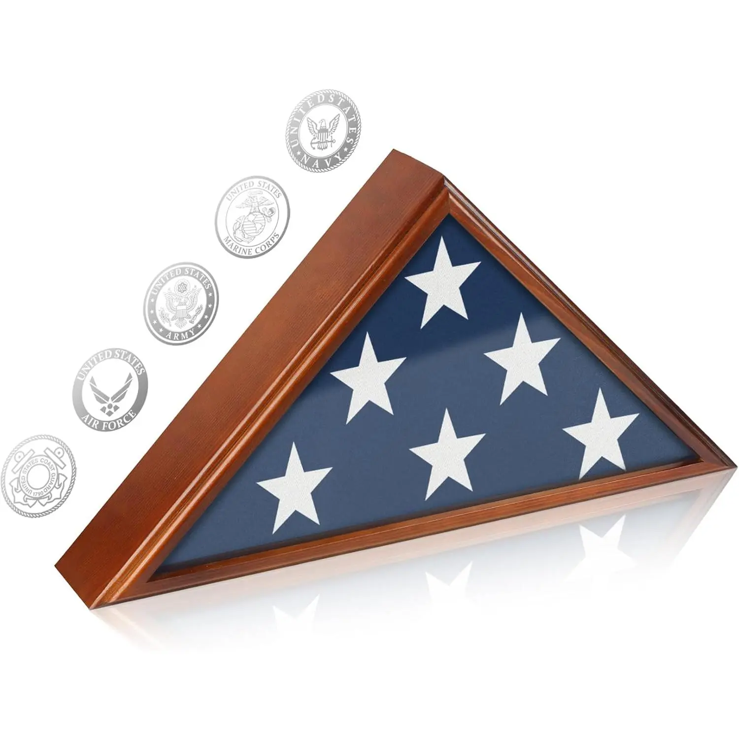 Wooden 9.5x5' Military Burial Flag Display Case, Wooden Flag Box Holder Frame for Wall or Table Top, Flag Display for Veteran, Brown