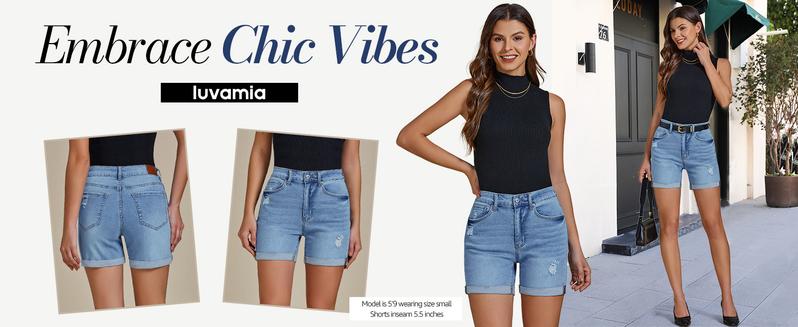 luvamia Denim Shorts Women's Casual Ripped Denim Shorts High Rise Distressed Rolled Hem Jeans Shorts Bottom Pants