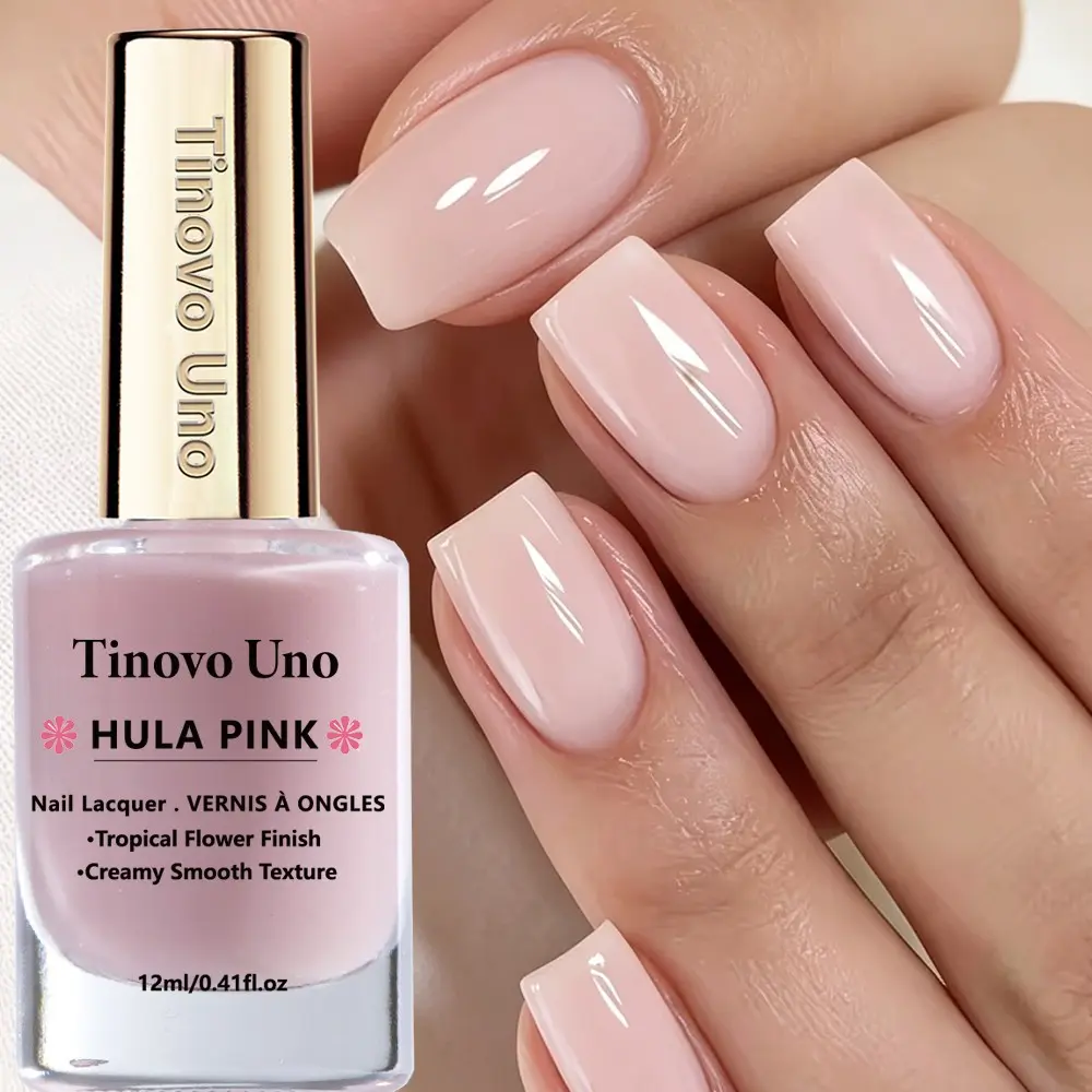 Tinovo Uno New Arrival HULA PINK Strength+Care Nail Polish 12ml, Nail Art, Quick Dry, No UV Needed, Glossy Shine & Long Lasting, Smooth Texture, Tropical Flower Finish, Also Works as Nail Strengthener & Hardener, Improves Brittle, Yellow, Weak Nails