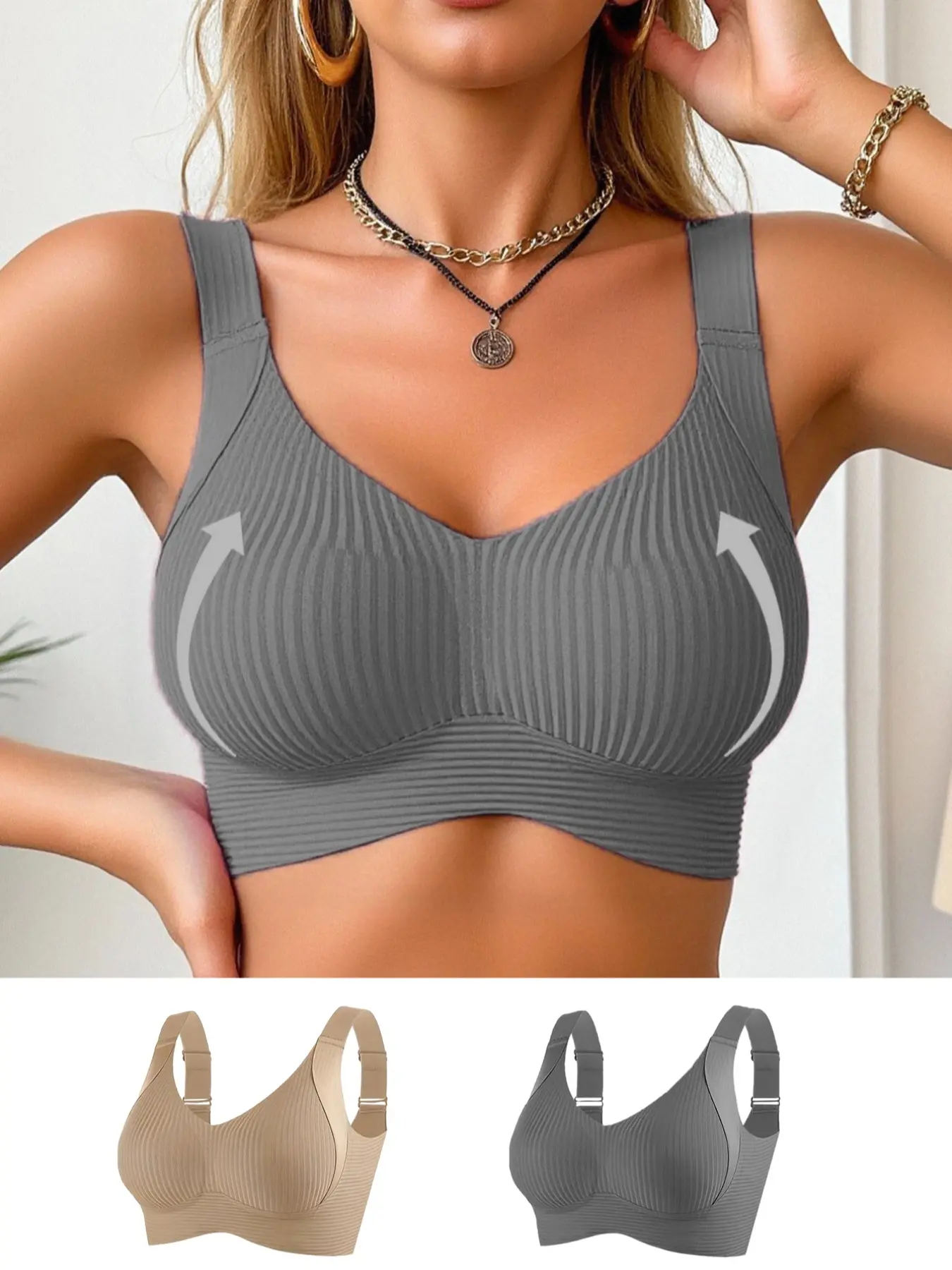 Women's Full Coverage Adjustable Padded Bra Set, Pure Color Push-Up Bras, Anti-Sagging Supportive Underwear, 2 Pack