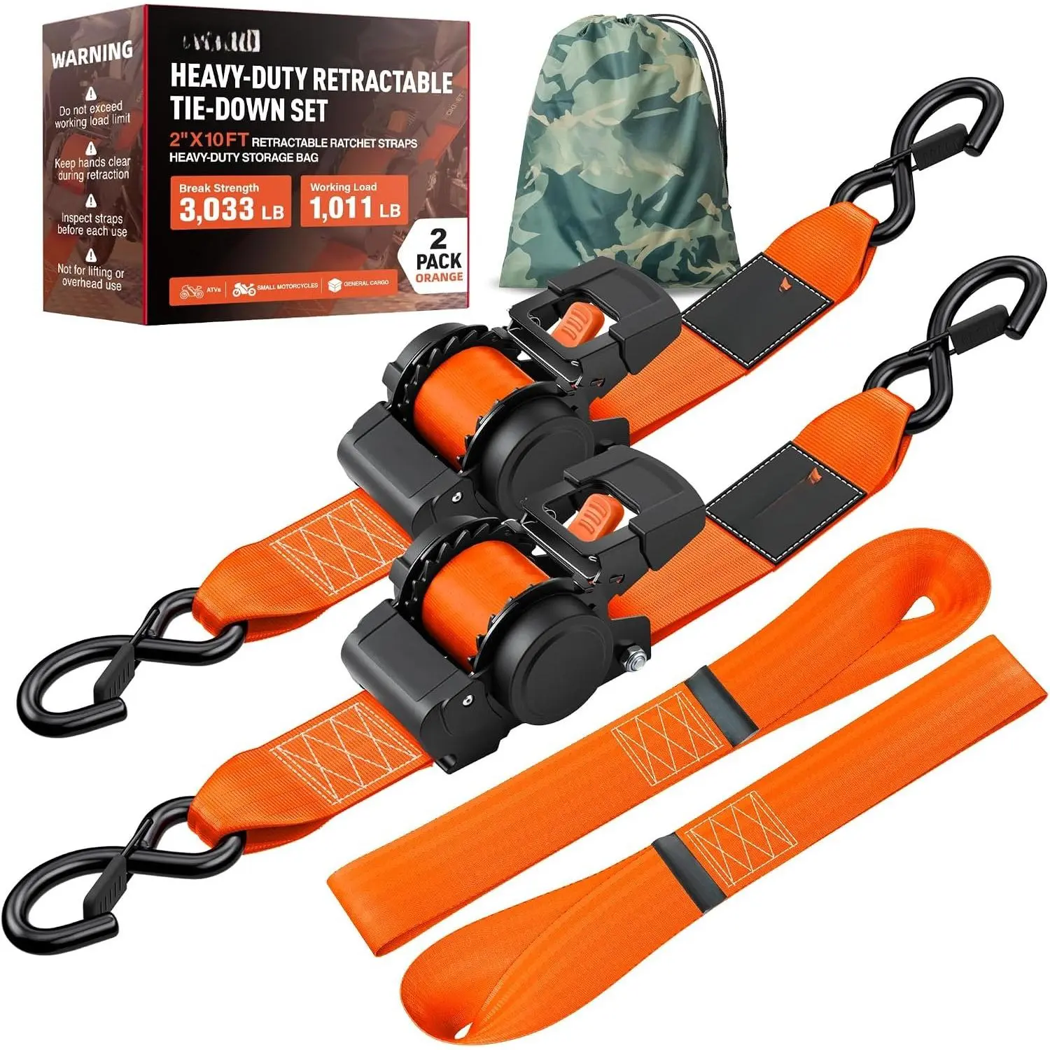 Retractable Ratchet Straps - Extra Wide 2 Inch x 10 , 2 Pack, Heavy Duty Handle-Press Auto Self Retracting Tie Down Straps, 3033 lb Break Strength for , , Cargo - Orange