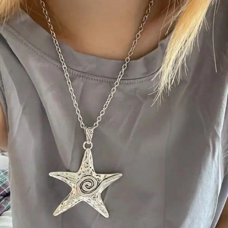 Punk Silver Color Starfish Pendant Necklace for Women Vintage Bohemian Summer Beach Fashion Jewelry Gifts