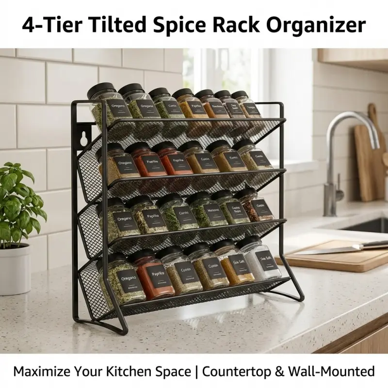 4 Tier Tilted Spice Rack Organizer, Wall Mount & Countertop Dual Use Metal Seasoning Holder, Space Saving Kitchen Cabinet Spice Storage