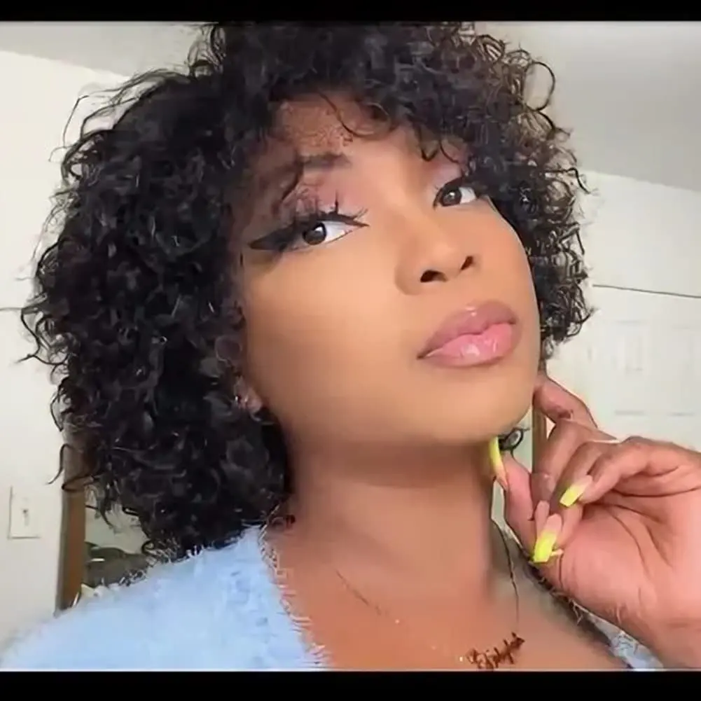 Short Curly Human Hair Wigs For Black Women Short Curly Wigs Human Hair Non Lace Glueless Wig with Bangs Side Part Wigs (Nature Black)