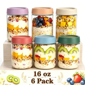6-Pack Overnight Oats Containers with Lids, Leakproof Container, Wide Mouth Mason Jars & Sugar Bowls, Glass Container Set, Airtight Moisture-Proof Sealed Glass Storage Jars for Food Portion, Perfect for Overnight Oats, Yogurt, Meal Prep and Chia Pudding
