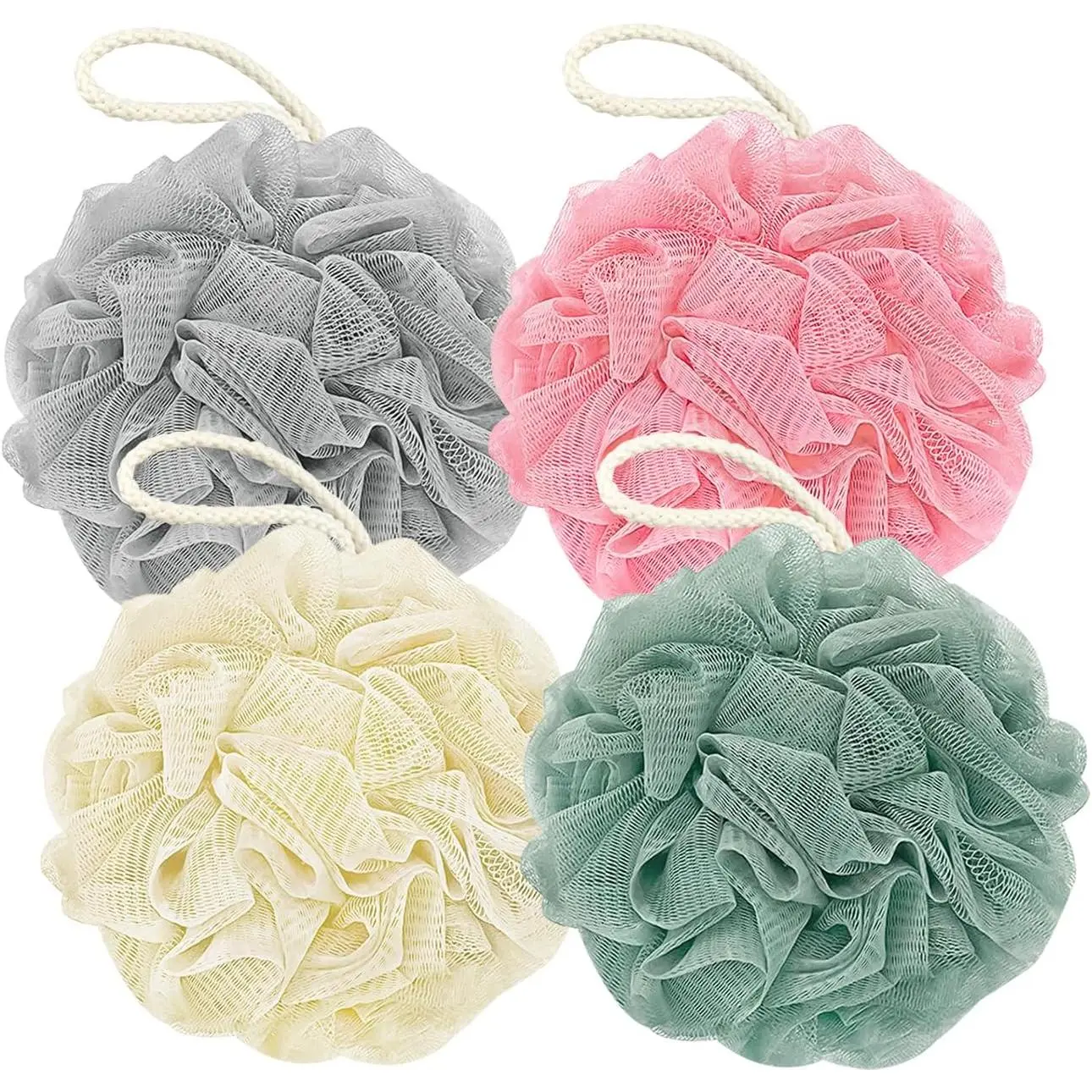 Shower Loofah Bath Sponge, 60G Loofah Exfoliating Body Scrubber, 4 Color Mesh Shower Pouf Balls for Body Wash (Pink Green White Gray)