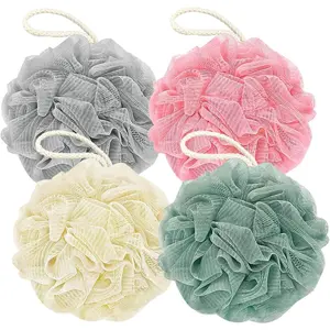 Shower Loofah Bath Sponge, 60G Loofah Exfoliating Body Scrubber, 4 Color Mesh Shower Pouf Balls for Body Wash (Pink Green White Gray)