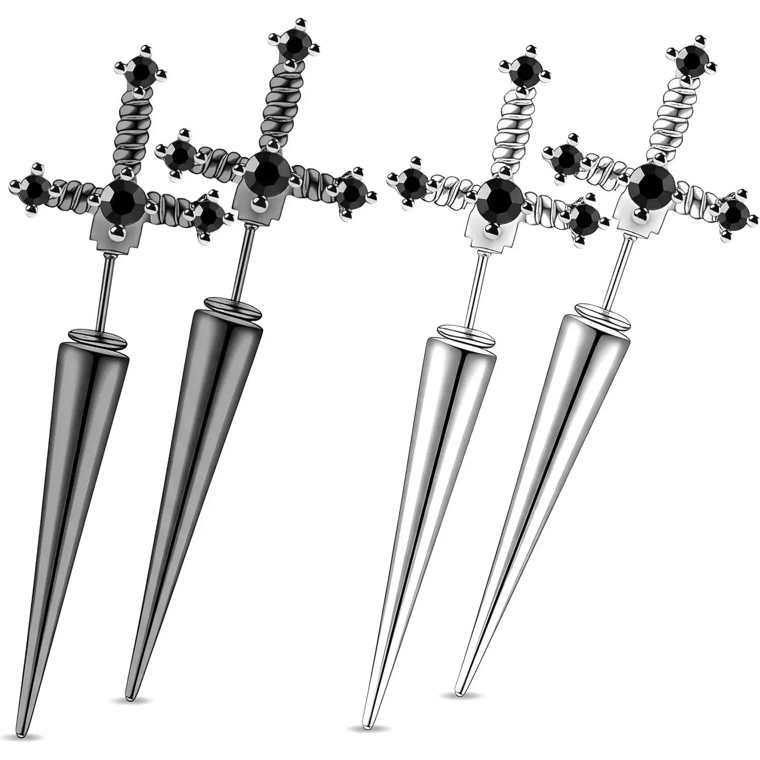 2 Pairs Stainless Steel Gothic Sword Dagger Earrings with Cubic Zirconia - Cool Punk Grunge Hypoallergenic Studs for Men Women, Unique Knife Jewelry for Halloween Cosplay(Gift)