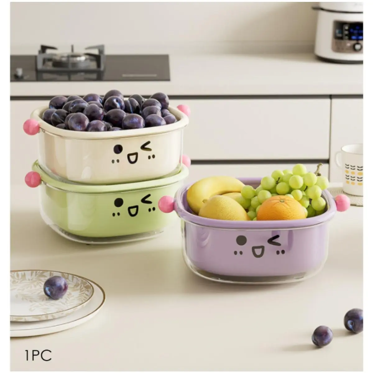 Kitchen Colanders Bowl Set, 2 in 1 Fruit Vegetable Washing Food Strainers, Plastic Double Layered Strainer Basket , BPA Free Utensils Food Prep, Strainers for Kitchen