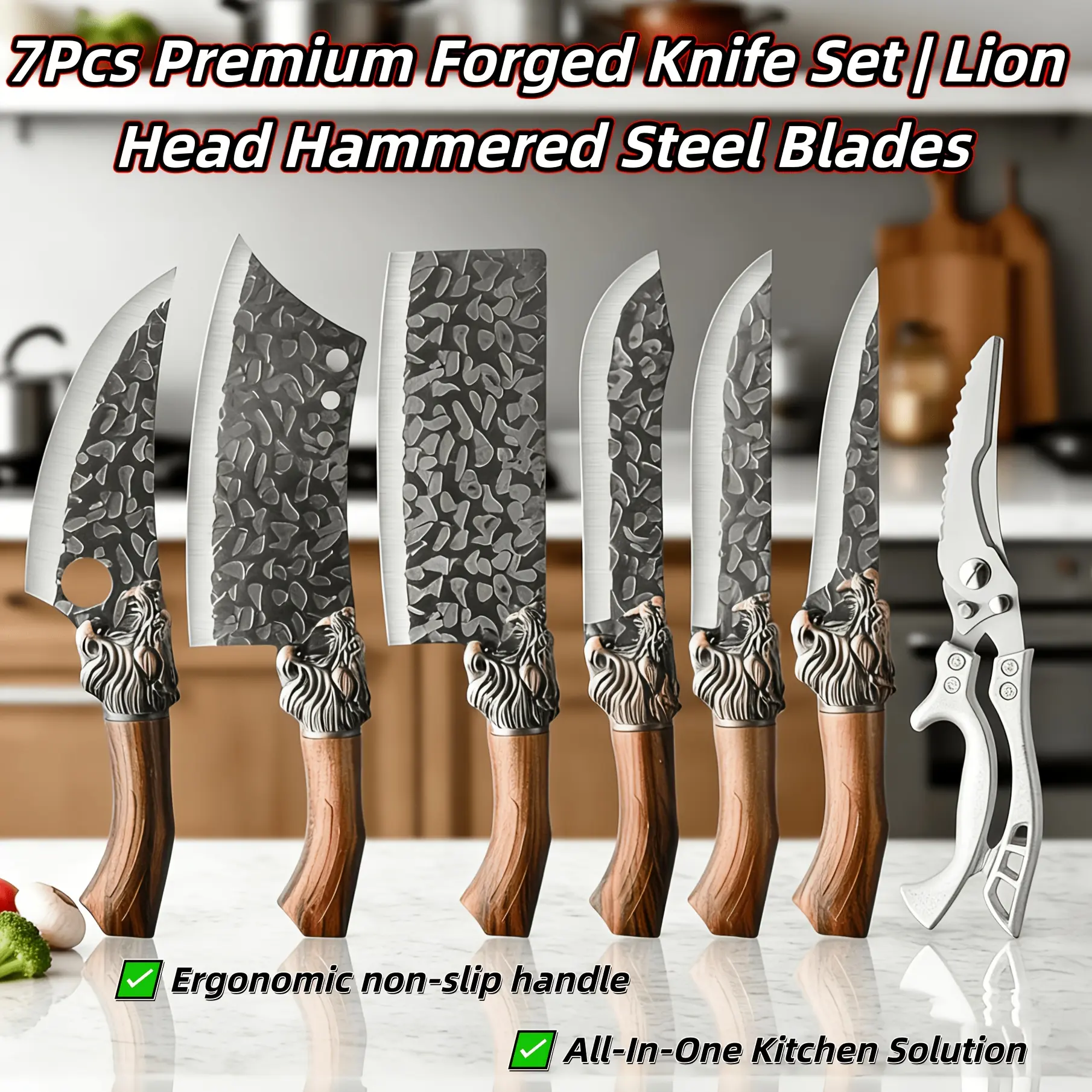7-Piece Japanese Chef's Knife, Hand Forged Damascus Style Blade for Meat, Fish, Vegetables, Fruit - Home and Chef's Professional Kitchen Knife - Multipurpose Knife - Durable and Precision - Ideal for Slicing, Cutting Vegetables