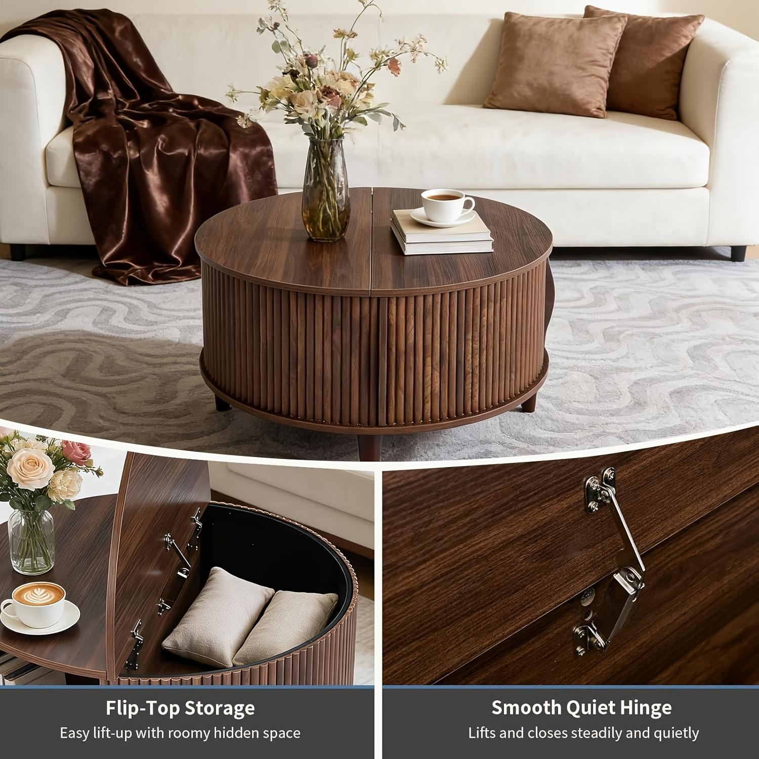 Mid-Century Modern Round Coffee Table with Storage | 31.69" Fluted Center Table with Sliding Door & 2-Tier Rustic Wood Top for Living Room, Artificial Board & Hardwood, Multifunctional, Wood Color, OLIXIS Brand