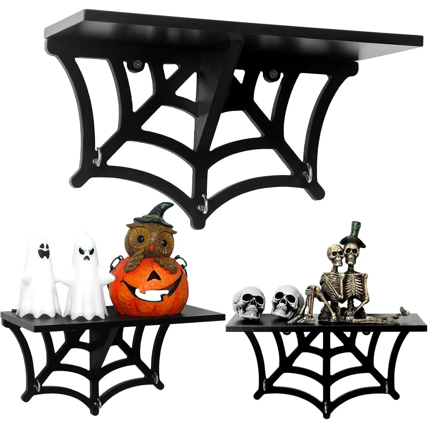 2 Pcs Halloween Spider Web Shelf Goth Room Decor Wood Spooky Gothic Wall Floating Shelves with Hooks Black Hanging Gothic Decor for Halloween Bedroom Home Kitchen Party Oddities Curiosities Display