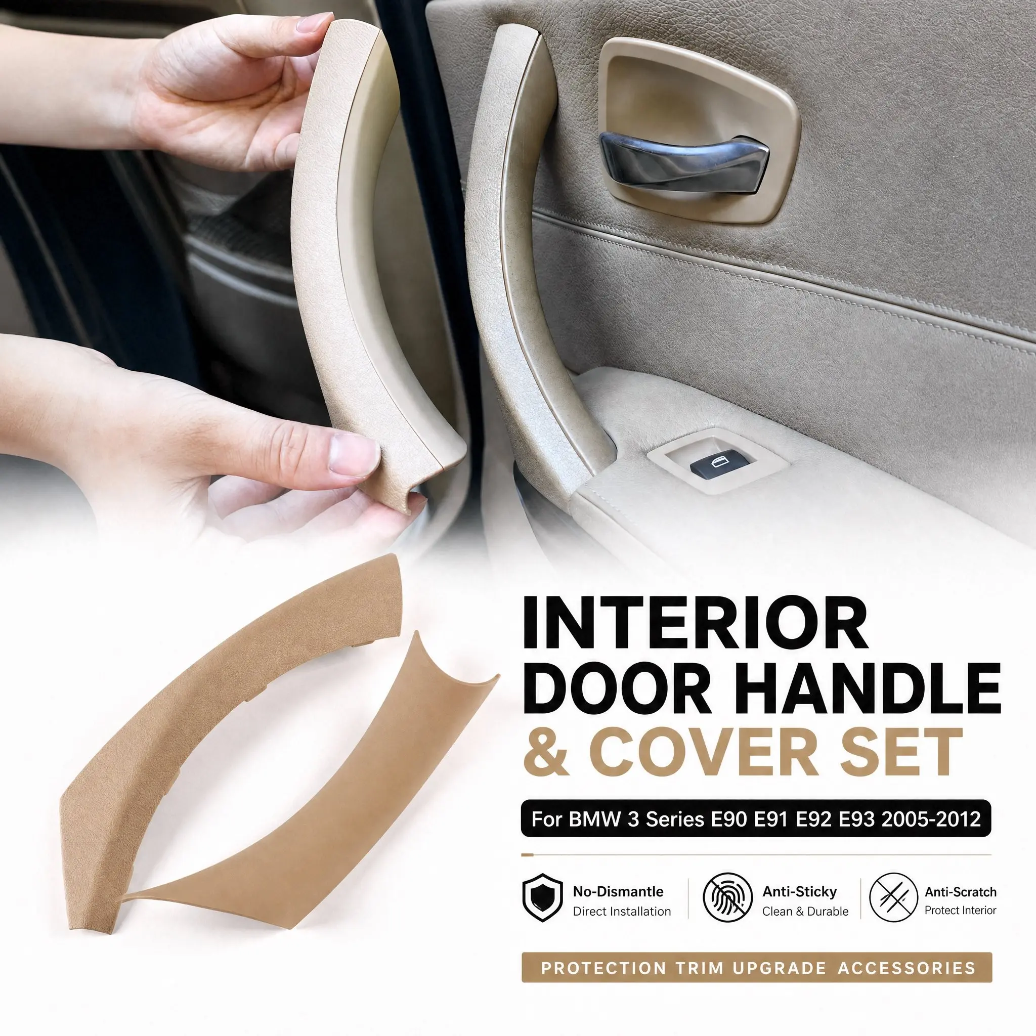 For BMW 3 Series E90 E91 E92 E93 2005-2012, Interior Door Handle & Cover Set, No-Dismantle Anti-Sticky Anti-Scratch Protection Trim Upgrade Accessories