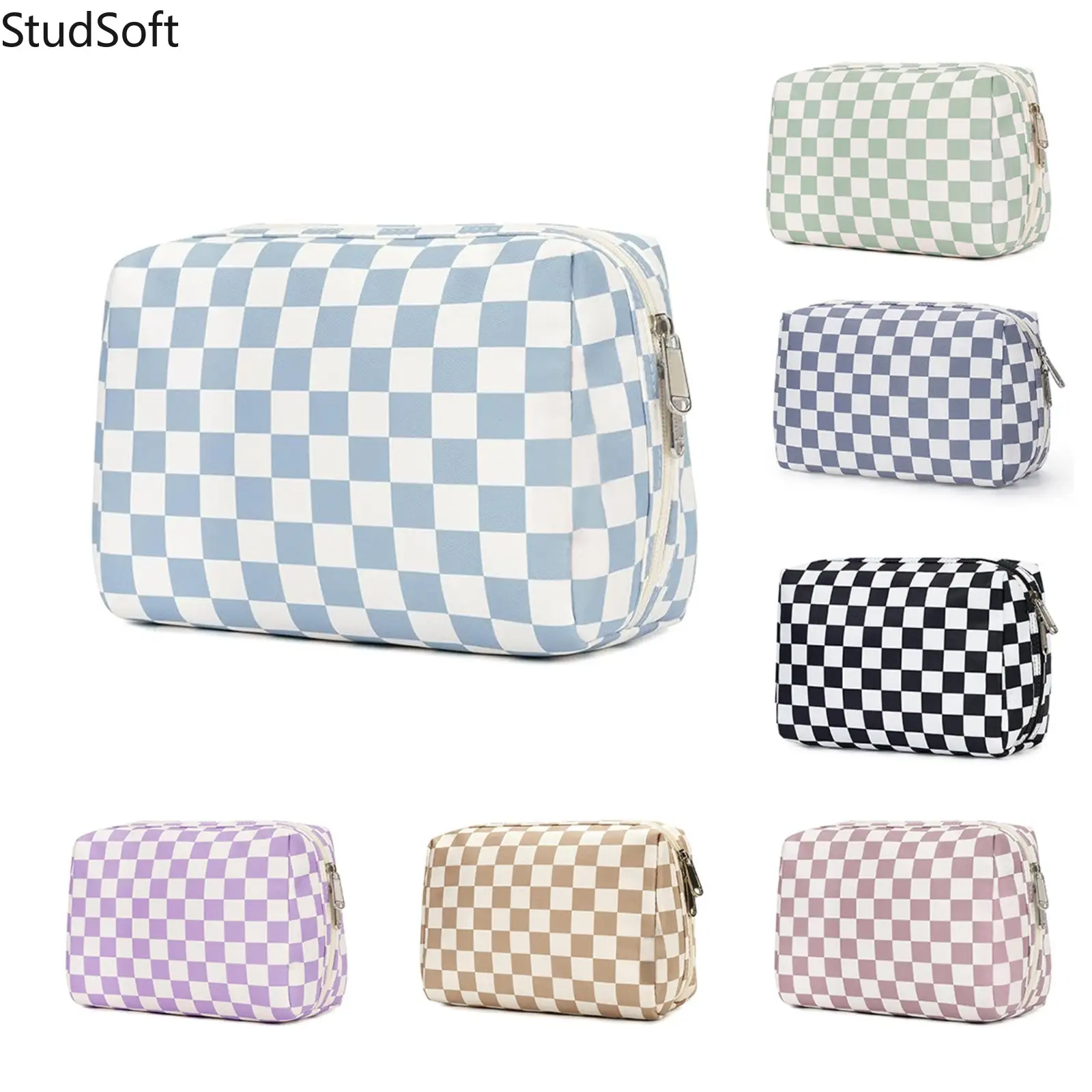 Women's Large-Capacity Checkerboard Cosmetic Bag, Waterproof Fashion Makeup Organizer, Travel Storage Pouch for Skincare & Toiletries (Sports & Outdoor Rainwear Accessory), Plaid, Zip, Reusable