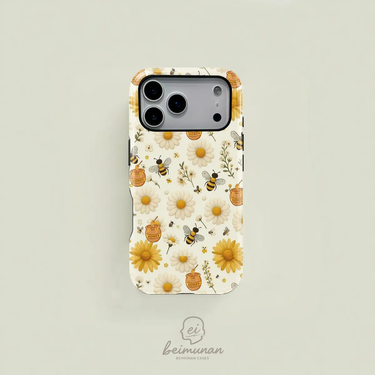 Yellow bohemian-style phone case with fresh daisy, bee, and honey pot pattern. Durable 2-in-1 protective case, MagSafe compatible, suitable for iPhone 17/16/15/14/13/12/11 Pro Max/Plus/Pro. Simple and stylish phone case, perfect for holiday gifts.
