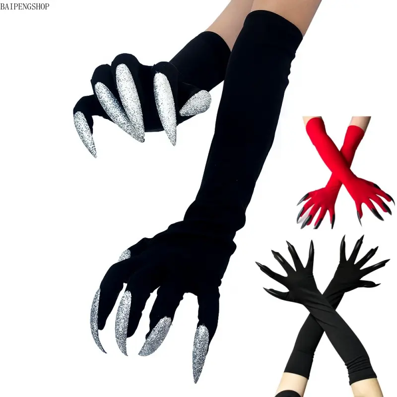 1 Pair Halloween Long Claw Paw Gloves, Witch Devil Ghost Gloves with Extended Fingernails for Women, Scary Cosplay Costume Prop for Halloween Party Supplies