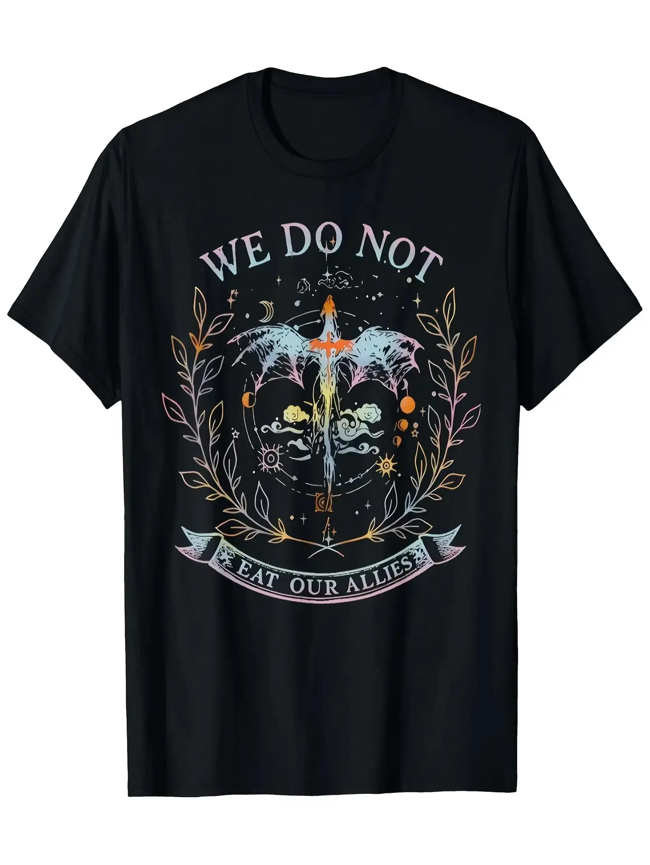 Dragon Rider 4th Wing "We Do Not Eat Our Allies" Graphic Tee - Fantasy Book T-Shirt with Dragon Rider Wand Design - Black Shirt with White & Pastel Accents - Soft Breathable Cotton Crewneck - Birthday Gift for Fantasy Fans - Unisex Regular Fit Casual Appa