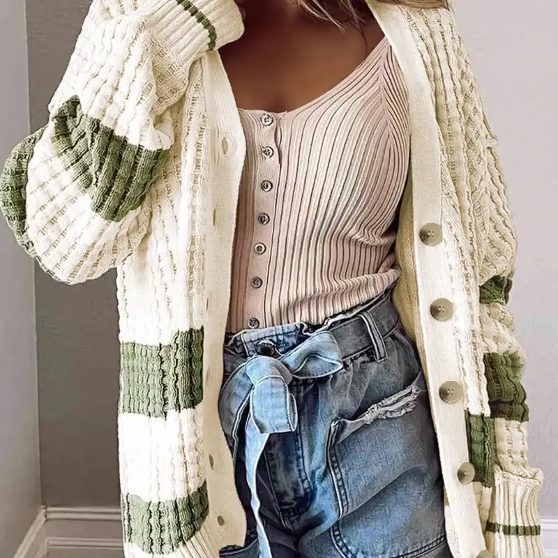 Women's Colorblock Button Front Cardigan, Cardigan for Women, Casual Chic Aesthetic Drop Shoulder V Neck Long Sleeve Knitwear, Ladies' Knit Clothing for Daily Wear, Going Out Outfits 2024, Casual Sweater Knitwear, Tops, Everyday, Knitting
