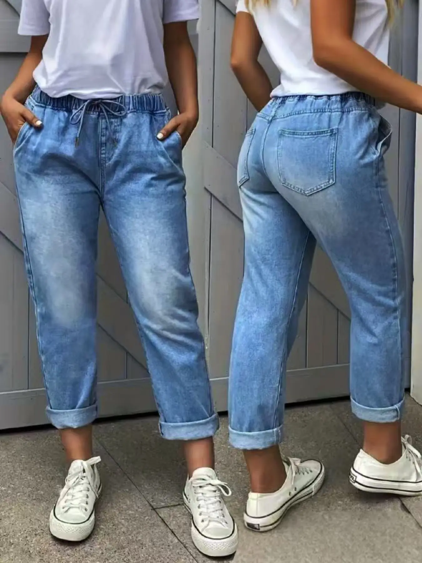 Women's Elastic Waist Drawstring Casual Nine-Inch Rolled Hem Wide Leg Loose Baggy Pocket Jeans, Comfortable and Stylish Medium Wash Denim Jeans Pants for Everyday Wear