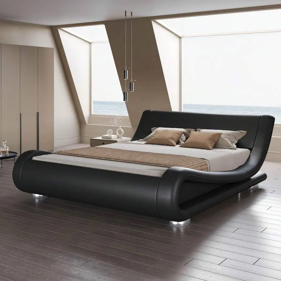 Full/Queen/Size Upholstered Bed Frame, Deluxe Low Sleigh Bed With Faux Leather Ergonomics Headboard, No Box Needed & Easy Assembly, Black