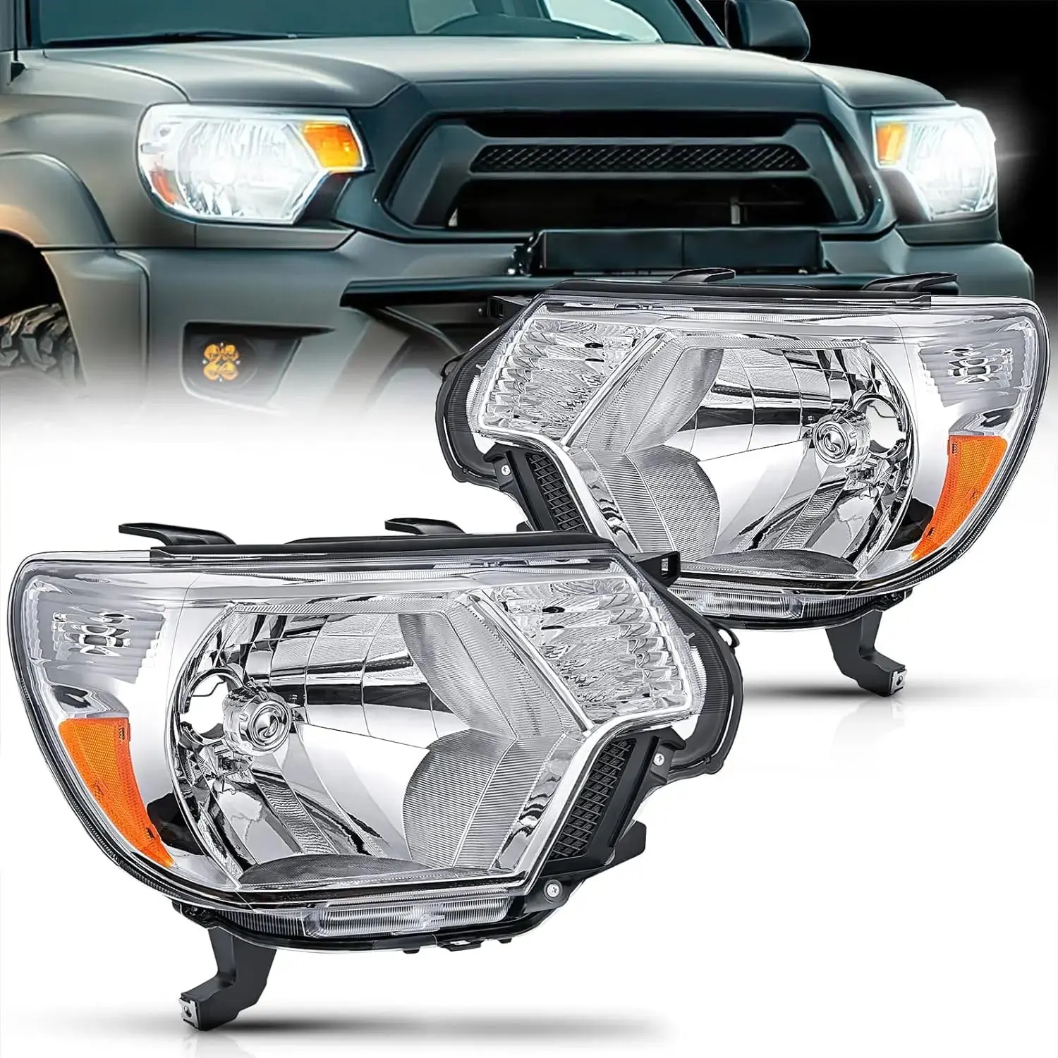 Nilight 2012 2013 2014 2015 Toyota Tacoma Headlight Assembly Chrome Housing Amber Reflector Clear Lens