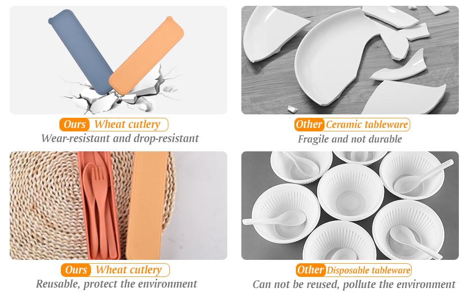 Dine eco-friendly on the go with these 2 reusable utensil sets!Made of durable wheat straw, each portable set includes fork, knife, spoon and a protective case.Compact and lightweight, perfect for school, work, lunch boxes