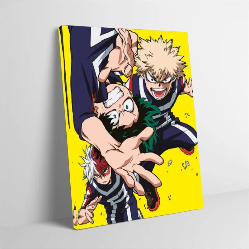 My Hero Academia Trio Poster Canvas Wall Art Deku Bakugo Todoroki Assemble Bright Yellow Backdrop Print Anime Manga Character Wall Decor for Kid Boy Bedroom Gaming Room Otaku Unframed