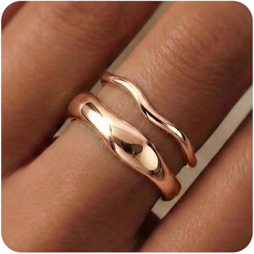 Gold Rings for Women Men Non Tarnish, Waterproof Chunky 14K Gold Plated Dainty Stackable Rings Trendy Statement Pinky Thumb Rings Engagement Eternity Wedding Band Ring Stacking Gold Jewelry Size 3 4 5 6 7 8 9 10 11