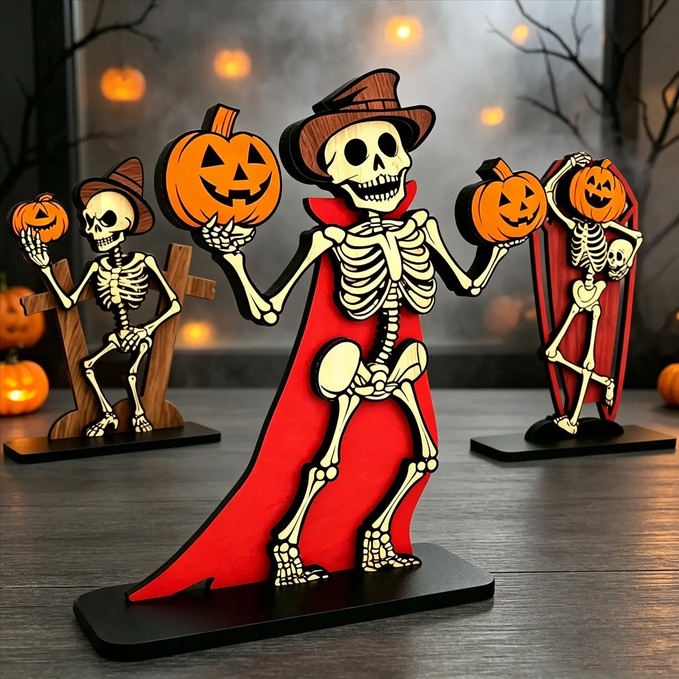 3 Piece Halloween Wooden Skull Decor Set, Vampire Pumpkin Lantern Sign, Cemetery Cross & Coffin Tray, Vintage Fall Fireplace Shelf