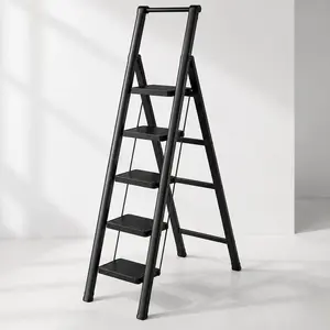 ARCH 5-Step Folding Step Stool Ladder for Home, Pantry, Office, Kitchens, Bathrooms - 600 lbs Capacity, Anti-Slip Wide Pedals, Lightweight Steel, Easy-Carry Handle, Space-Saving Storage, Black