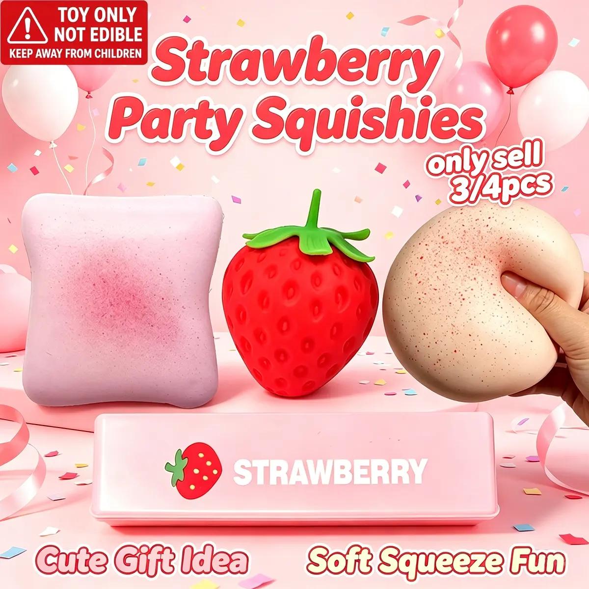 3/4pcs-Soft Strawberry Series Stress Squishies, Simulation Snack Hand Pinch Squeeze Toys, Portable Decompression Fidgets for Office Desktop Tension Release and Children Sensory Play