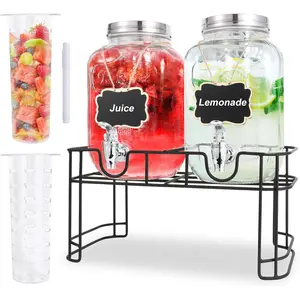 Set of 2 1 Gallon Glass Drink Dispensers for Parties, with Fruit Infuser & Stand, works as Juice Beverage Dispenser for BBQ Picnic Party, also can be used as Laundry Detergent Dispenser