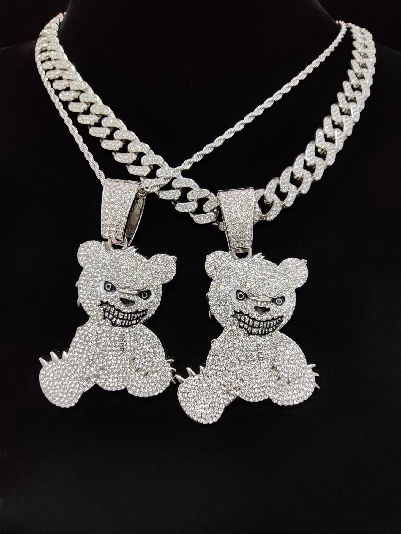 Unisex Punk Style Bear Pendant Necklace, Rhinestone Decor Cuban Chain Necklace, Fashion Jewelry for Party, Daily Decor, Bling Stylish Accessory, Jewelry for Birthday Gift, Valentine's Day, Cuban Link Chain, Necklaces Men, Statement Necklace