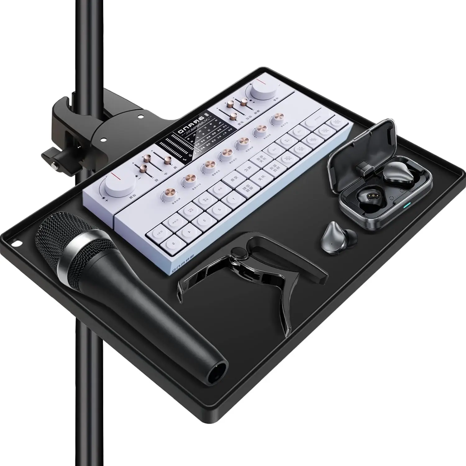 Microphone Stand Tray with Crab Clamp, 10.6" x 7.8" Large Tray Shelf Attachment Clamp  Studio  Floor Stands for Storage