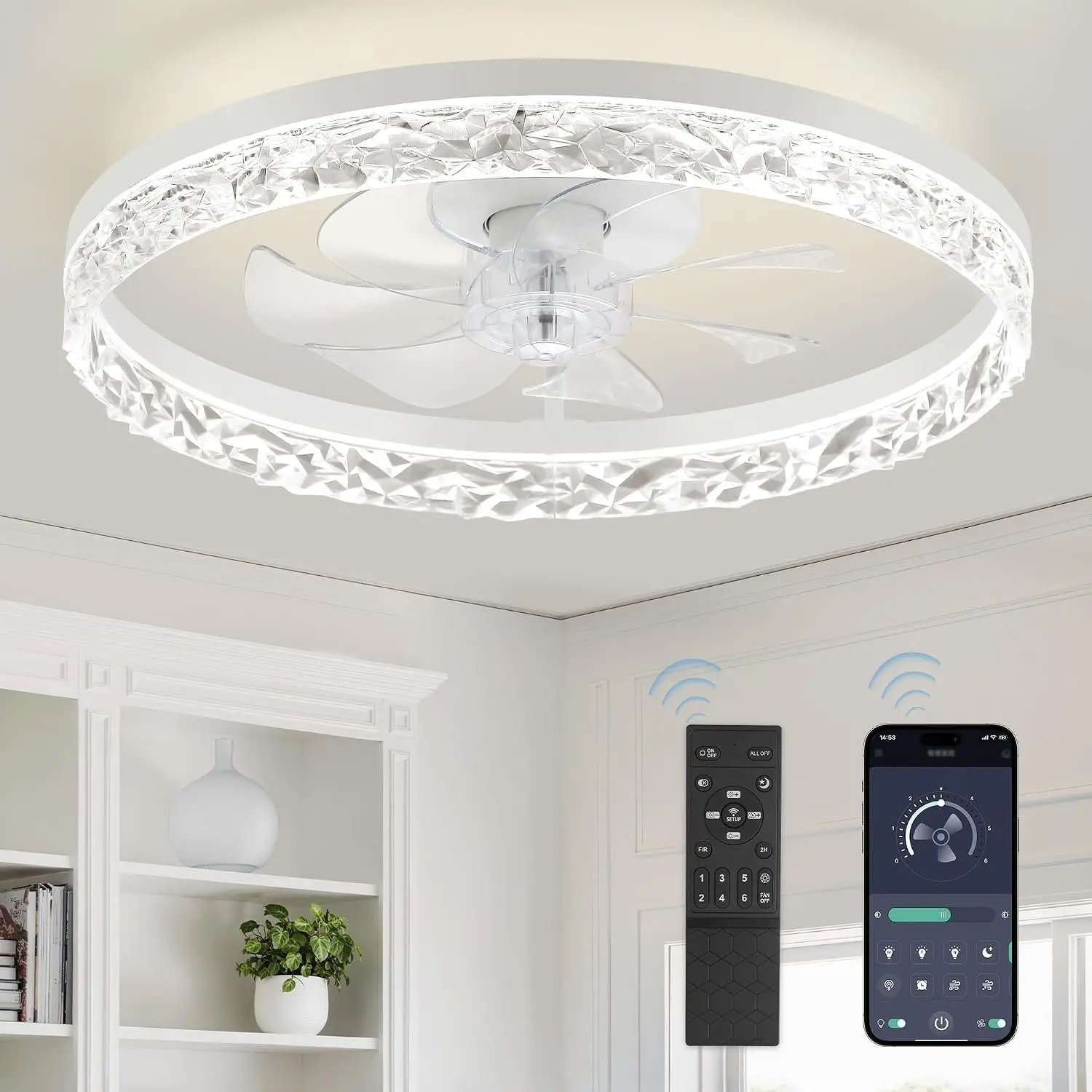 20" Modern Ceiling Fans with Lights and Remote, White Fandelier | Dimmable Low Profile, Flush Mount Ceiling Fan, Stepless Color Temperature Change, 6 Speeds, Bedroom, Living Room, Kitchen