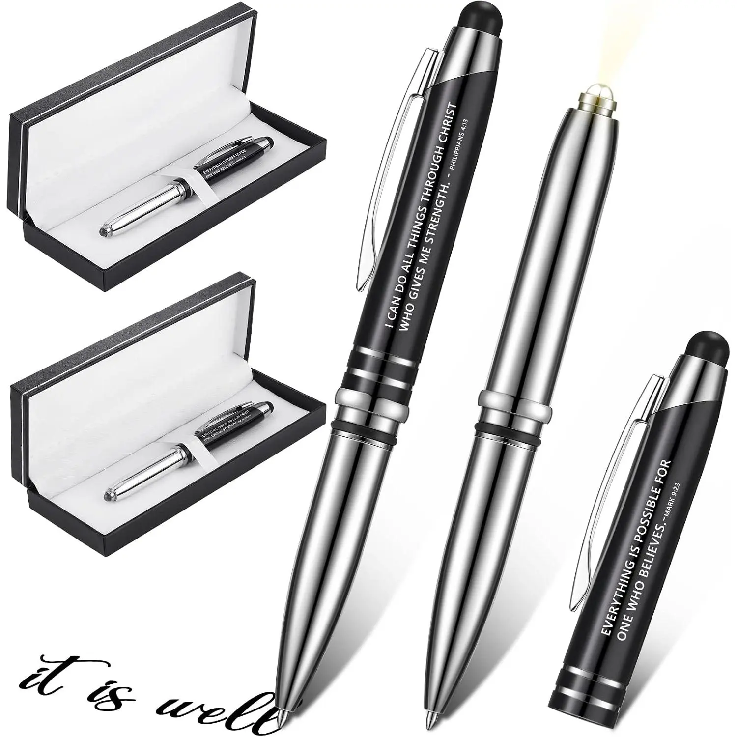 2 Set Christian Engraved  Pens with LED Light and Stylus Tip | Mark 9:23 Philippians 4:13  Verse Ballpoint Pens in Matching  Case Black Christian Graduation  for Church School