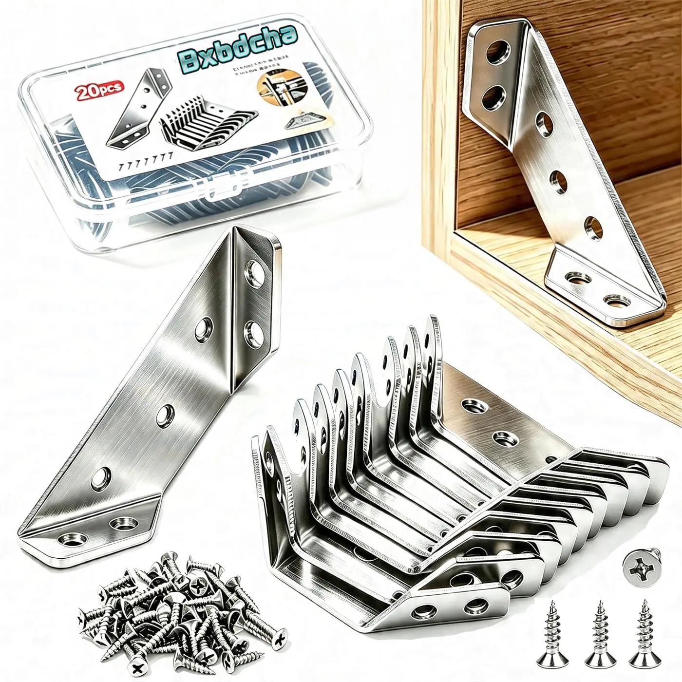 Furniture Corner Connector - 20PCS Stainless L Brackets for Wood,Angle Bracket Corner,L Bracket for Shelves,Table,Cabinet,Drawer,Corner Brackets for Wood