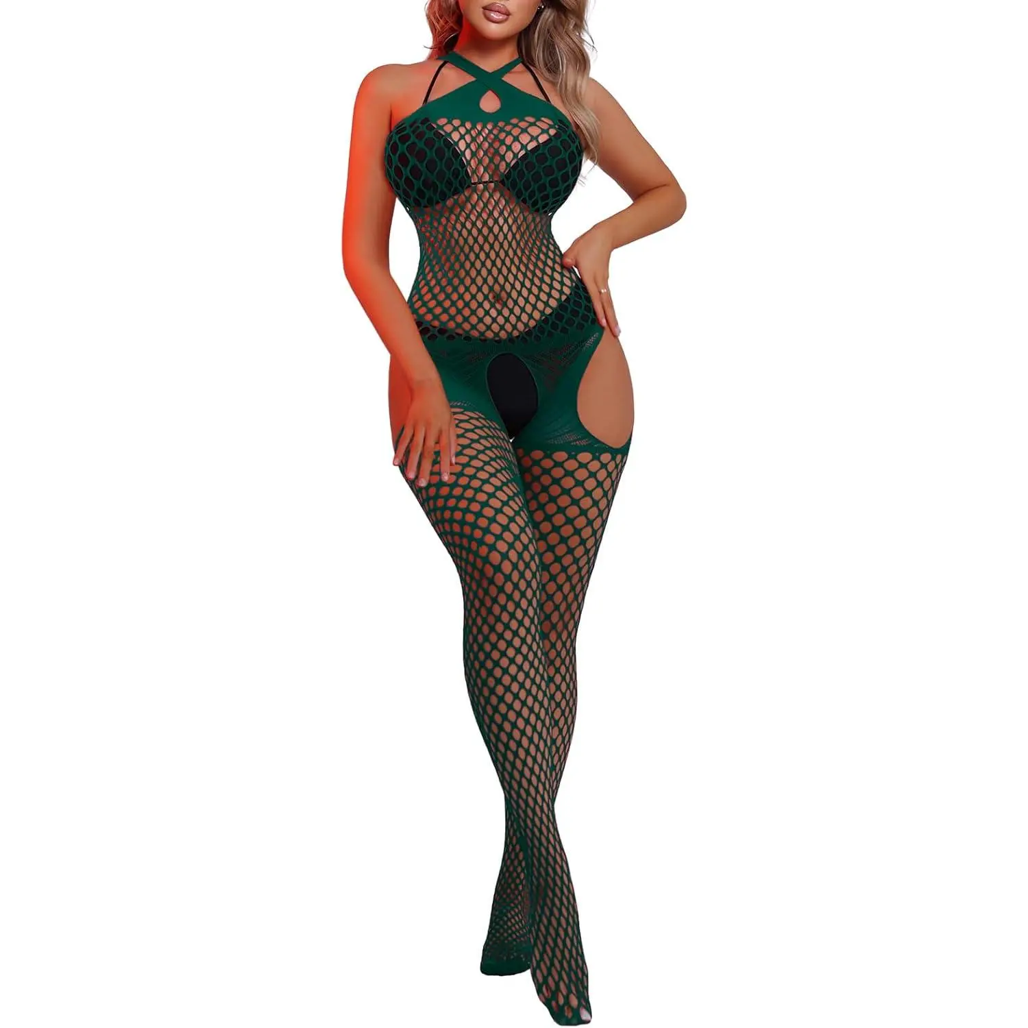 Women's  Fishnet Teddy Lingerie, Halter Neck 1-Piece Body Stocking with Mini Top & Tights
