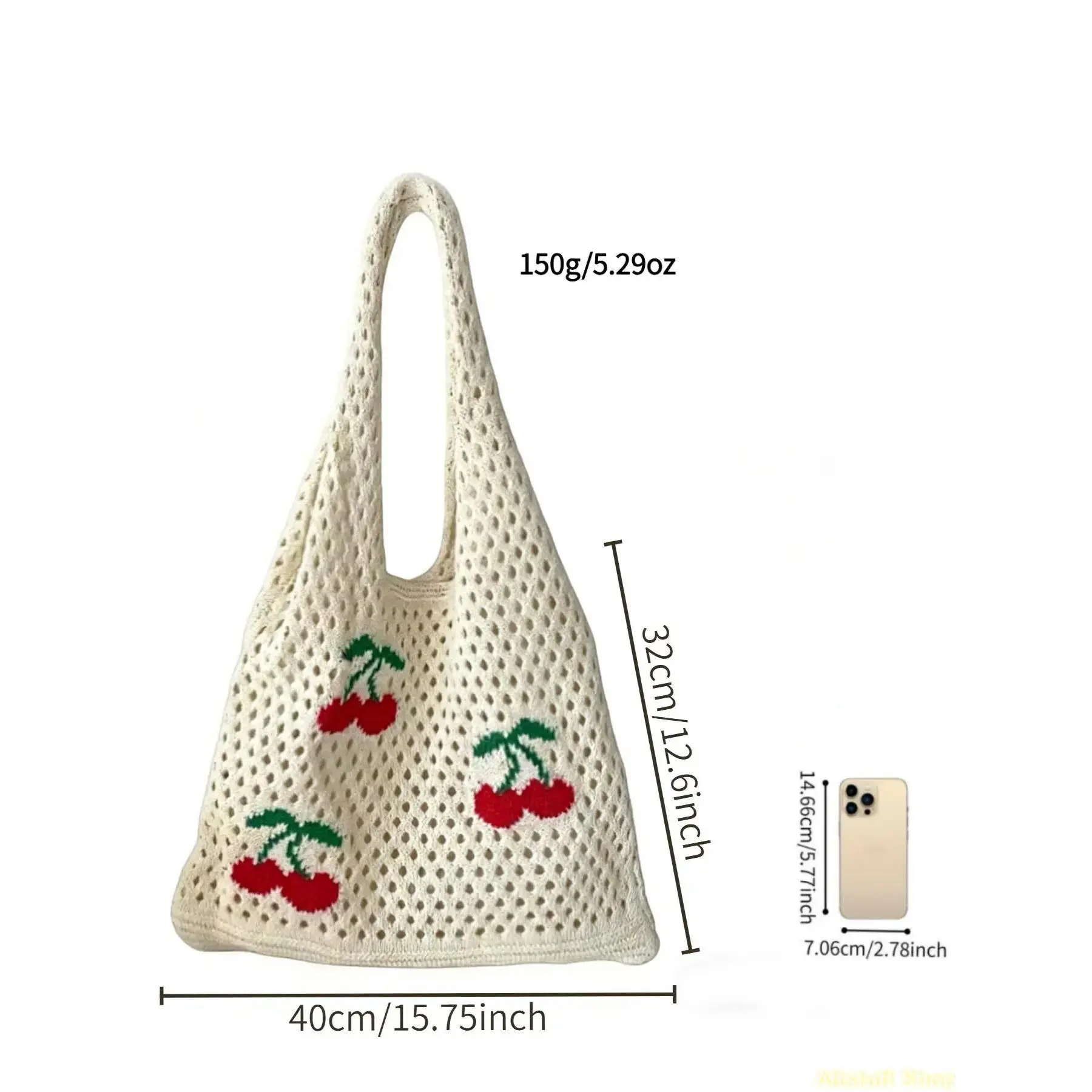 Fashion Cherry Pattern Woven Shoulder Bag, Summer Hollow Out Beach Vacation Picnic Tote, Y2K Style Large Capacity, Casual Summer Travel, Handcrafted Bag, Trendy Vintage Bag, Beach Bags, Fashionable Bohemian Bag