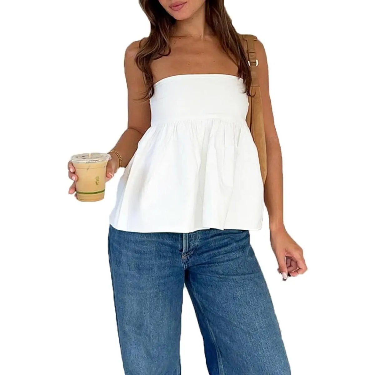Women's Sleeveless Backless Peplum Tube Top - Aesthetic Strapless Cotton Bandeau with Breathable Fabric, Smocked Back, and Flowy Ruffled Hem for Fairy-Inspired Looks