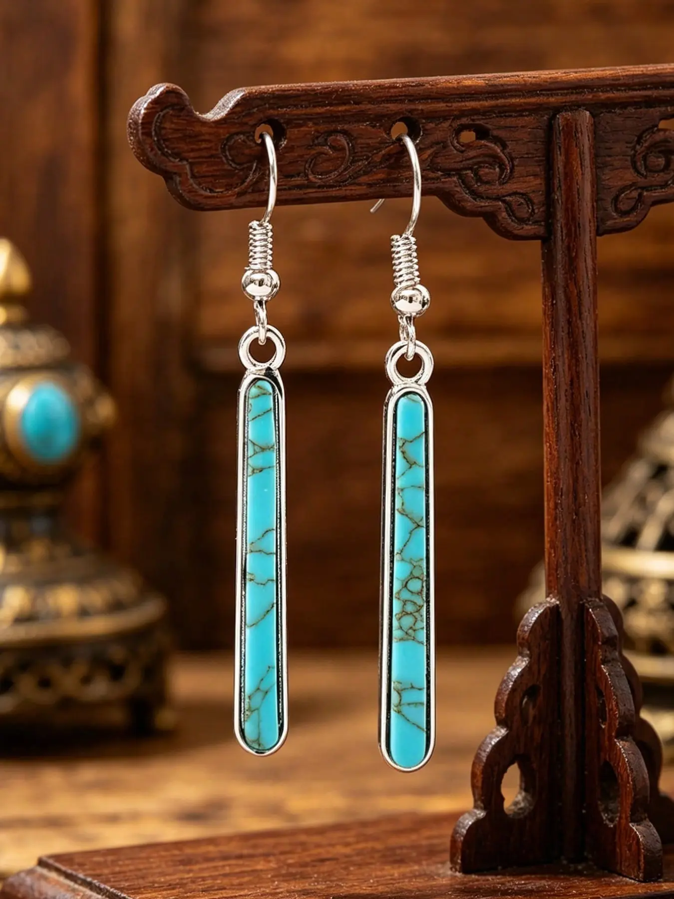 1 Pair Vintage Turquoise Long Earrings, Minimalist Bohemian Vertical Bar Drop Earrings, Elegant Alloy Jewelry for All Seasons